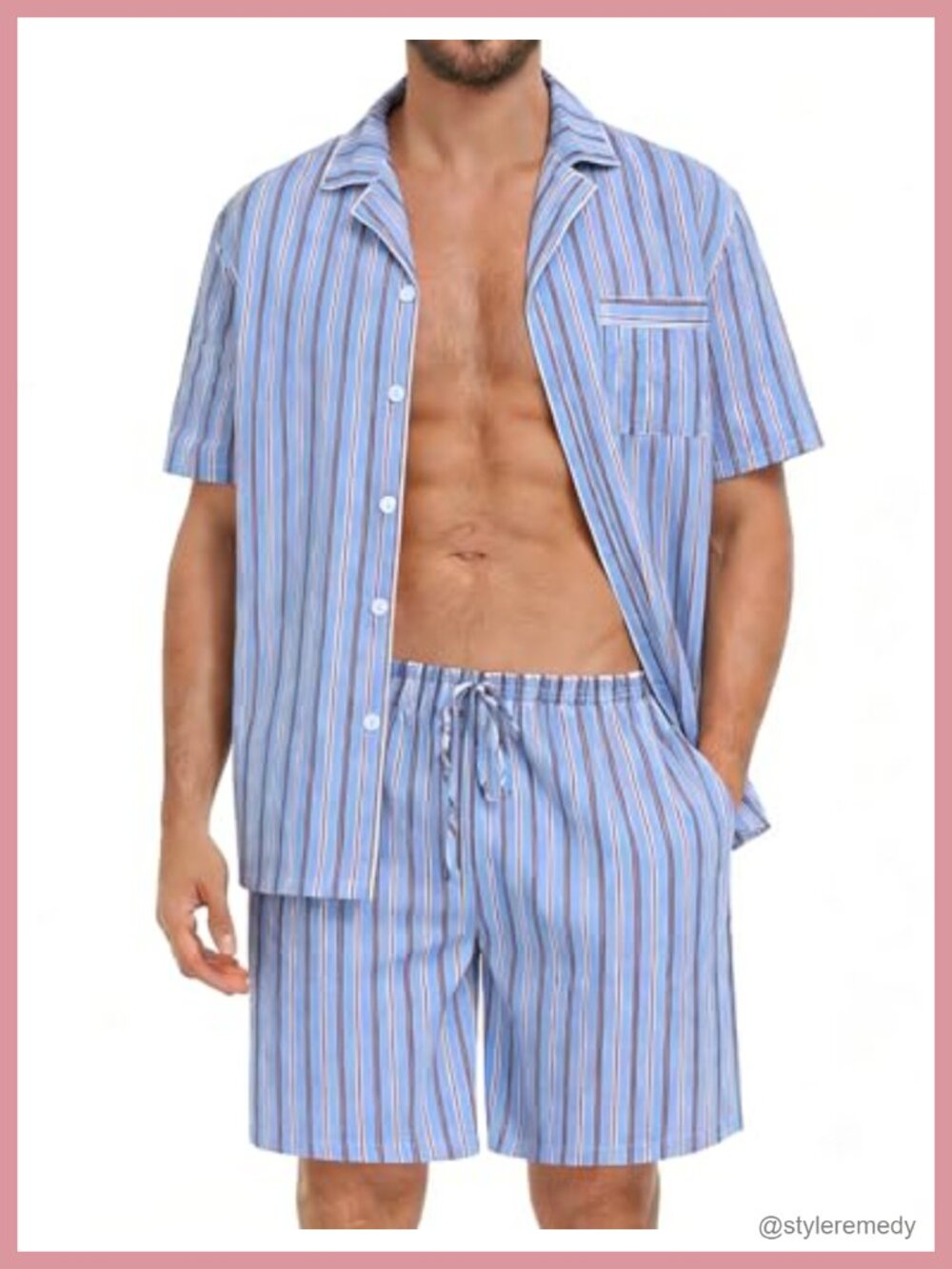 Mens 100% Cotton Pajama Set Button Down Short Sleeve Sleepwear Pockets Summer